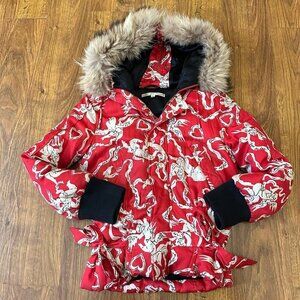 Vintage Diane von Furstenberg Fight for Love silk puffer jacket with fur collar